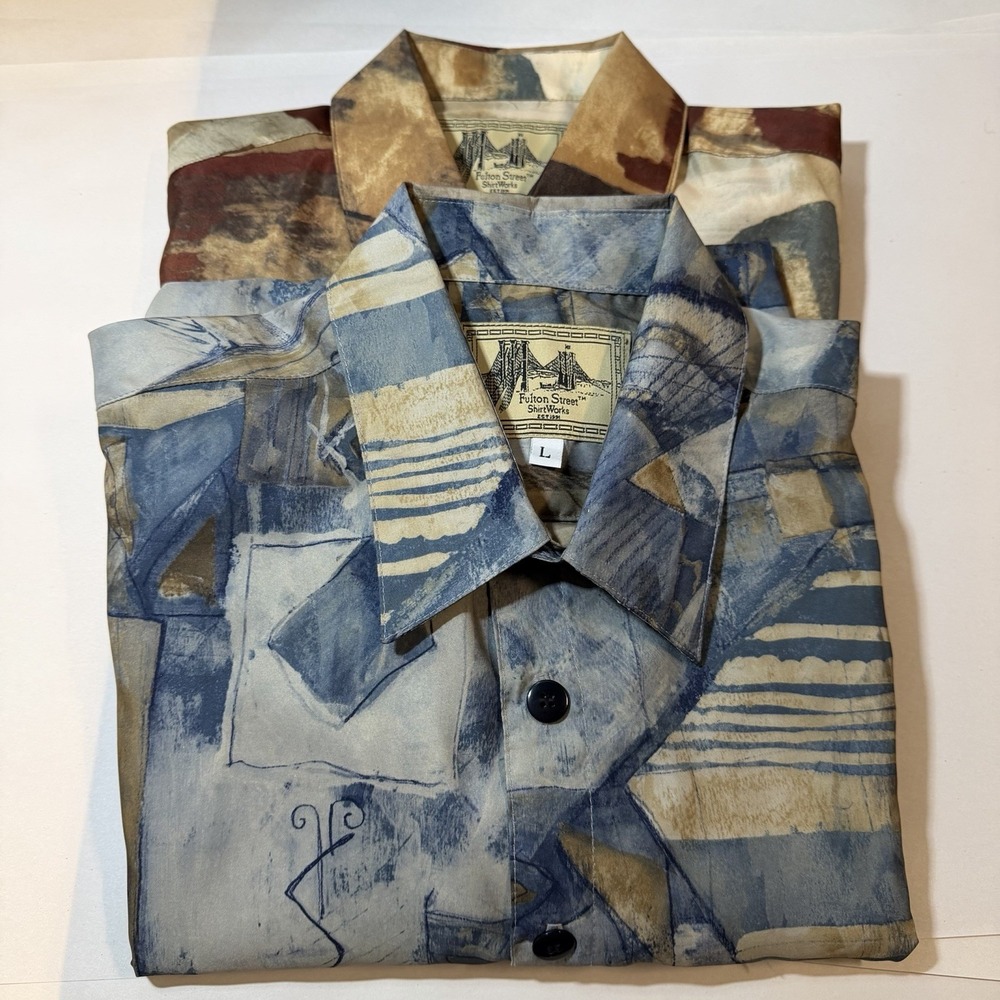 Vtg Fulton Street Button Up LOT 2 Mens L Long Sleeve Art Geometric Made in USA
